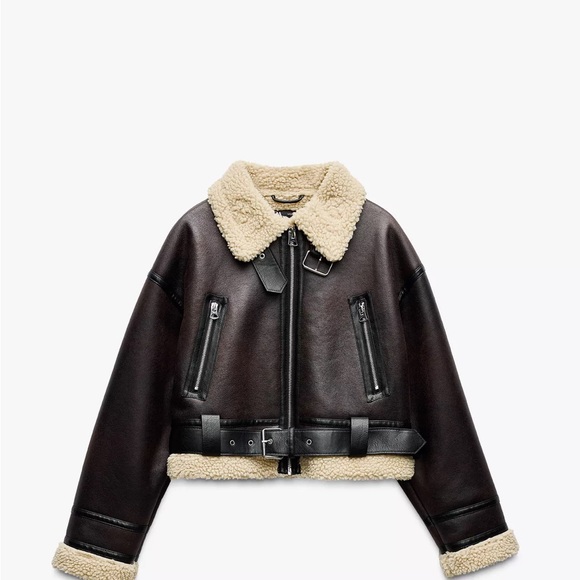 Zara Jackets & Blazers - ZARA Dark Brown Faux Leather Shearling Biker Jacket with Cream Collar